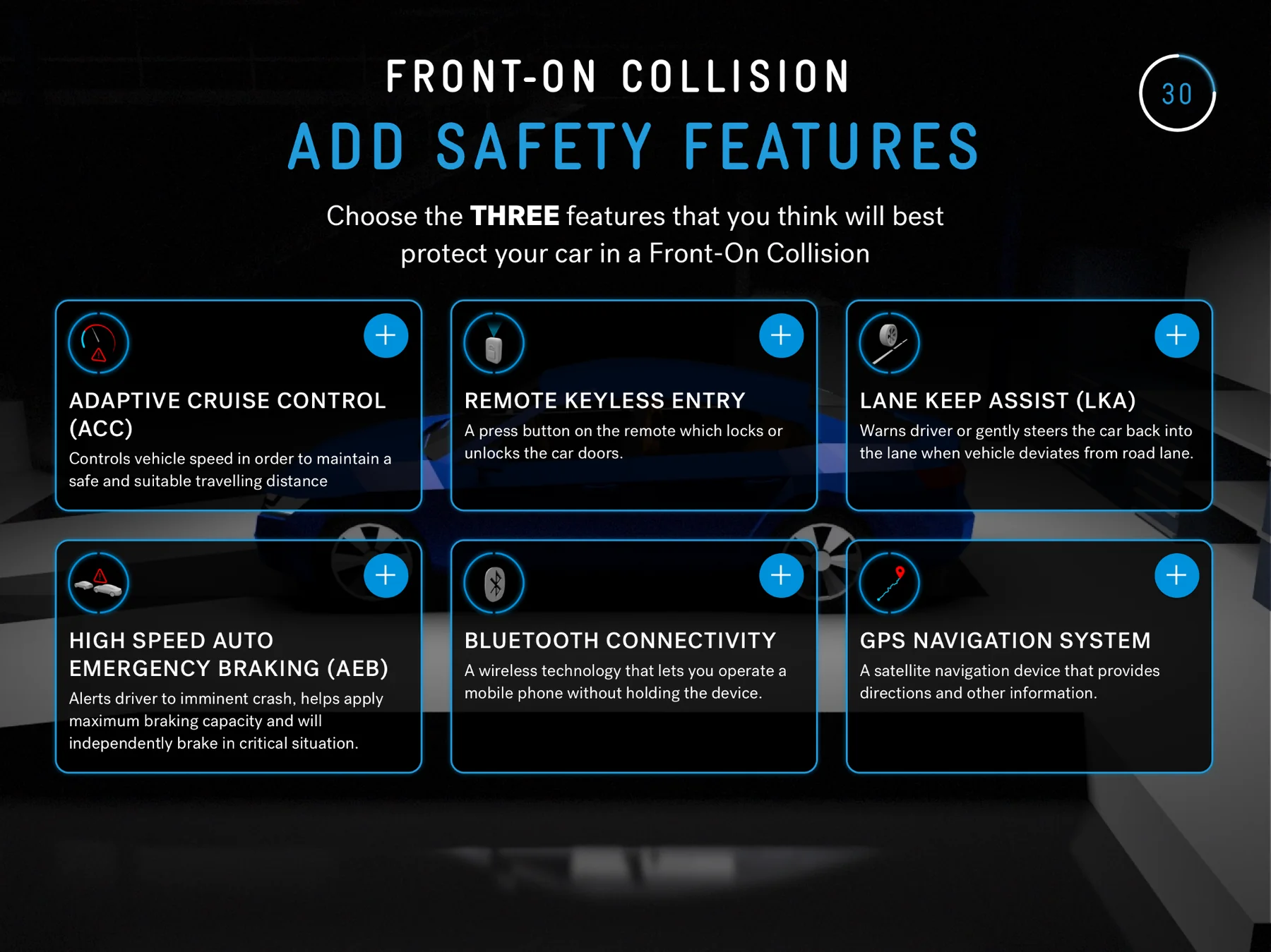 Crash Lab interface showing safety-feature choices for a front-on collision