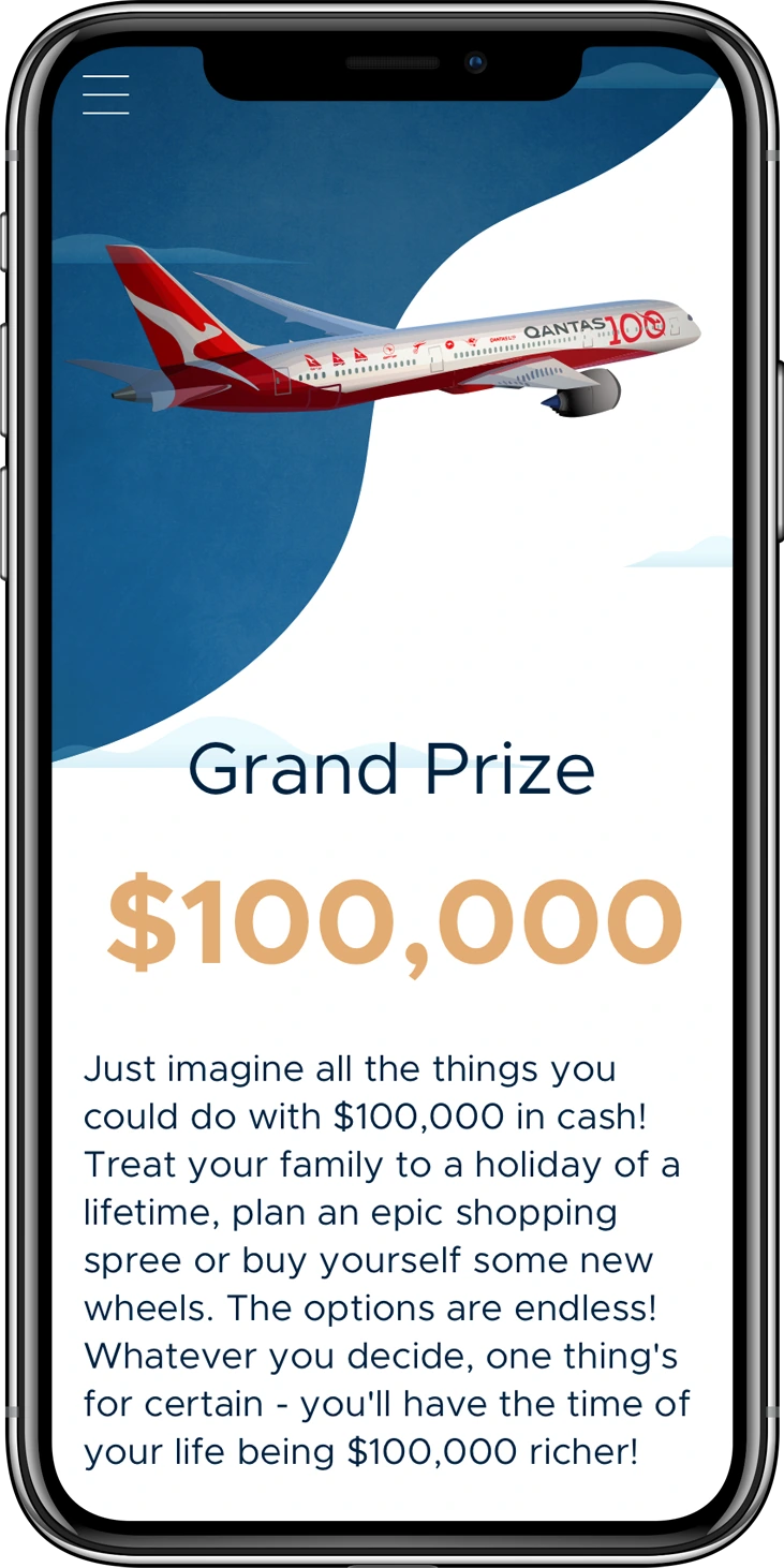 Qantas 100 mobile grand prize page showing an aircraft illustration and a $100,000 prize.