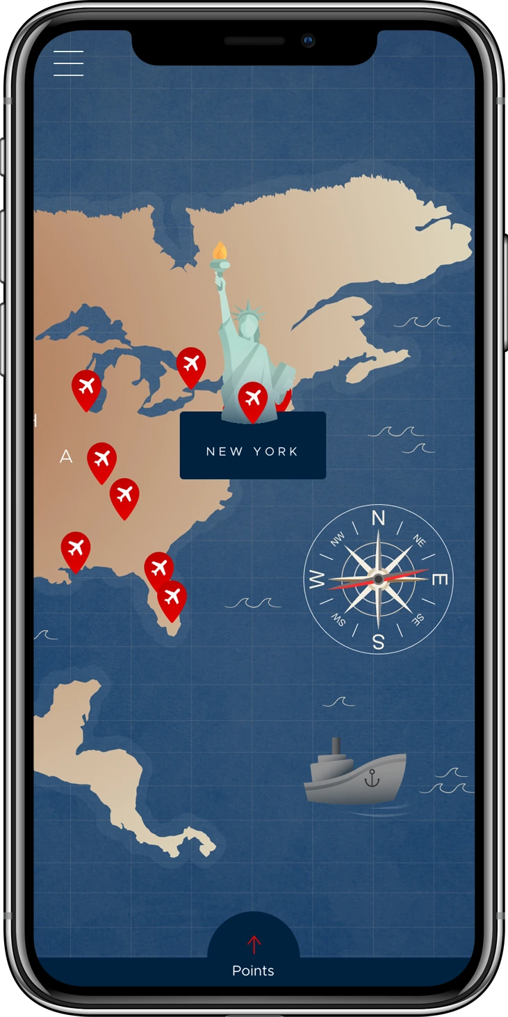 Qantas 100 mobile destination map focused on New York with red aircraft markers.