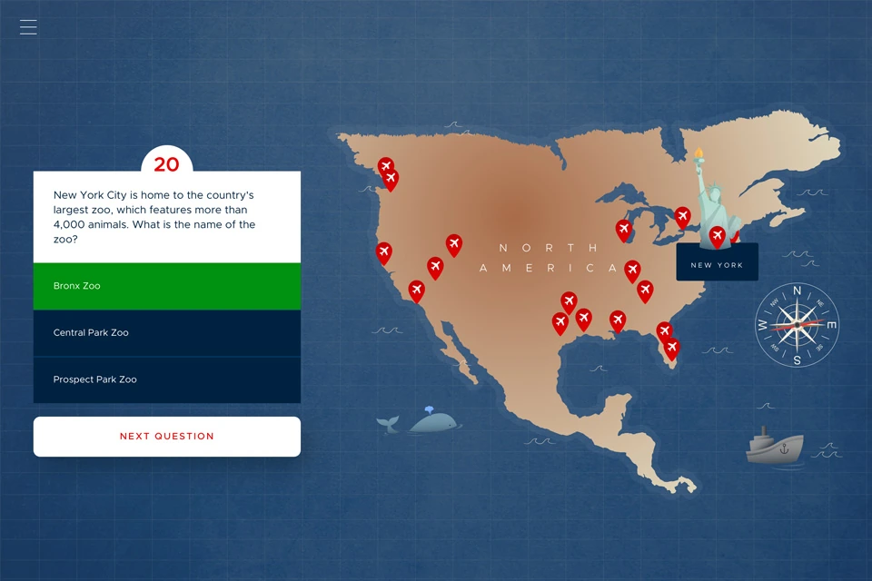 Qantas 100 destination quiz showing a question about New York