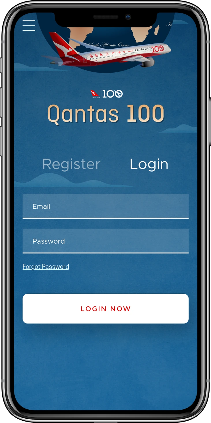 Qantas 100 mobile login screen with email and password fields beneath an aircraft illustration.