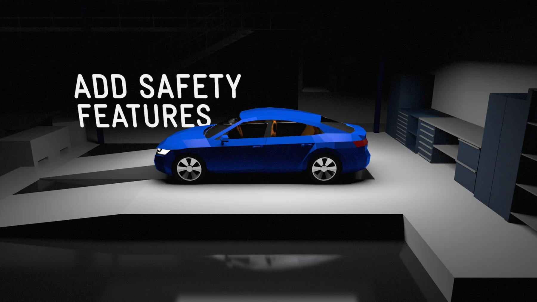 Blue car in Crash Lab with an Add safety features prompt